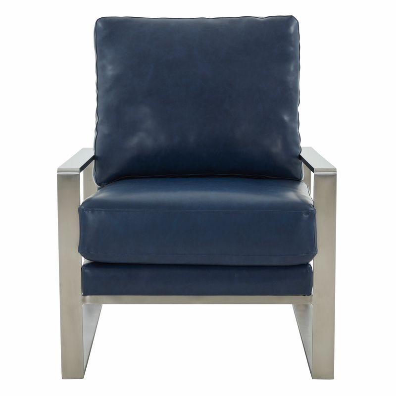 LeisureMod Jefferson Faux Leather Modern Design Accent Armchair with Elegant Silver Frame Navy Blue Front Photo.