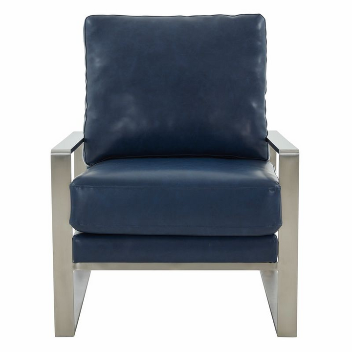 LeisureMod Jefferson Faux Leather Modern Design Accent Armchair with Elegant Silver Frame Navy Blue Front Photo.