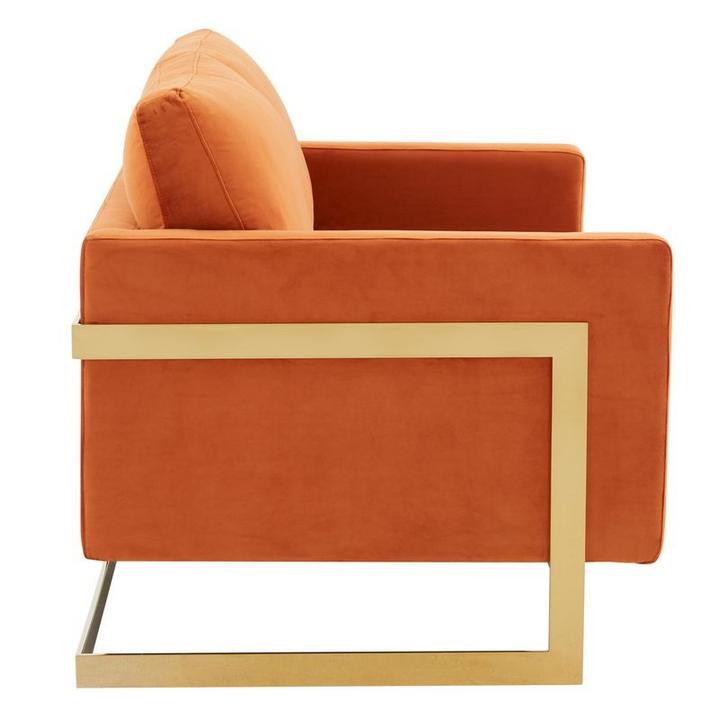 LeisureMod Lincoln Modern Mid-Century Upholstered Velvet Loveseat with Gold Frame Orange Marmalade Side View.
