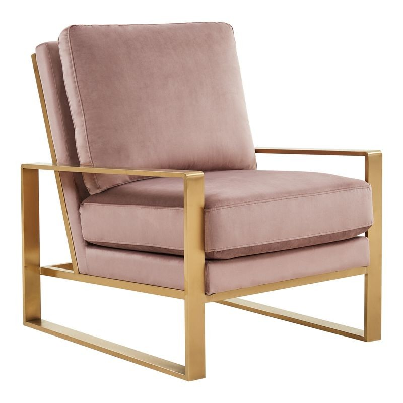 LeisureMod Jefferson Velvet Design Accent Armchair with Gold Brass Finish Frame Pink Angled View