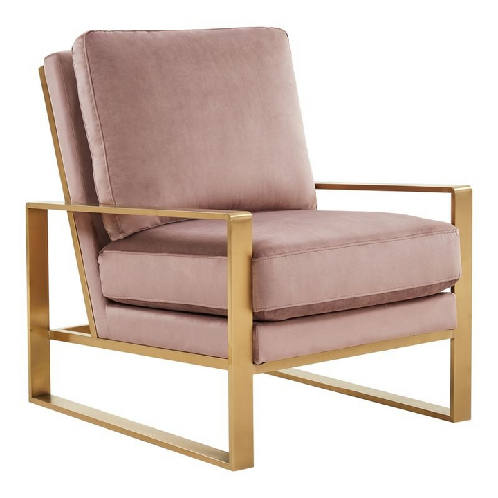 LeisureMod Jefferson Velvet Design Accent Armchair with Gold Brass Finish Frame Pink Angled View