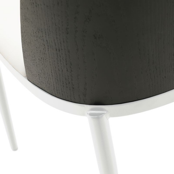LeisureMod Tule Mid-Century Modern Dining Side Chair with Leather Seat and White Powder-Coated Steel Frame Black/White Closeup.