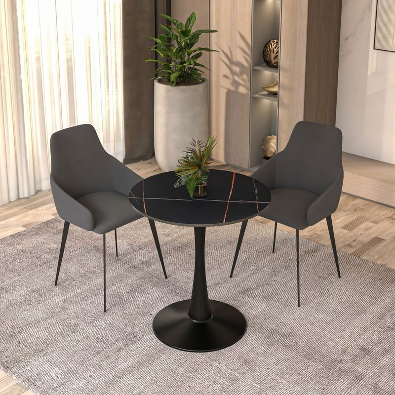 Leisuremod Bristol 27 Round Dining Table Black Base with Black Sintered Stone Top in Room.