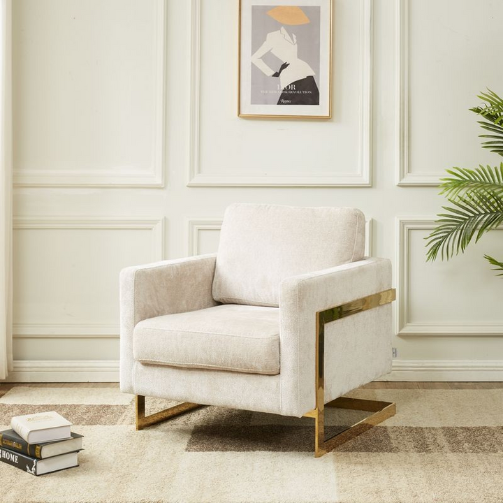 LeisureMod Lincoln Boucle Fabric Accent Armchair with Gold Stainless Steel Frame and Removable Back Cushion in Grey with Background.