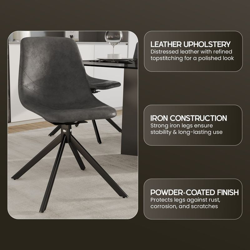 Gray chair with text on leather upholstery, iron construction, and powder-coated finish.
