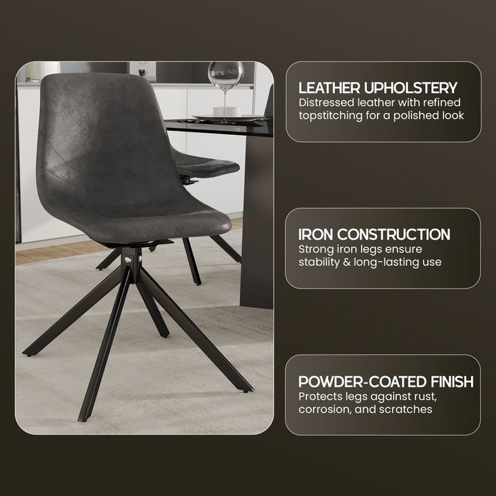 Gray chair with text on leather upholstery, iron construction, and powder-coated finish.