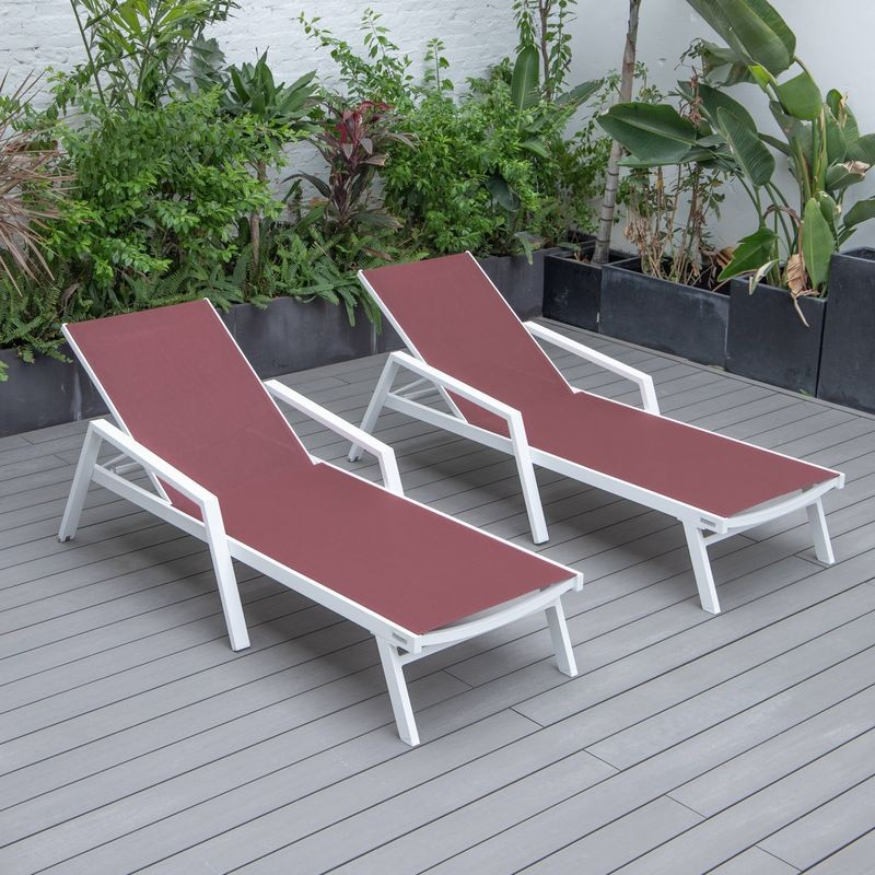 LeisureMod Marlin Patio Chaise Lounge Chair with Armrests in White Aluminum Frame, Set of 2 in Burgundy