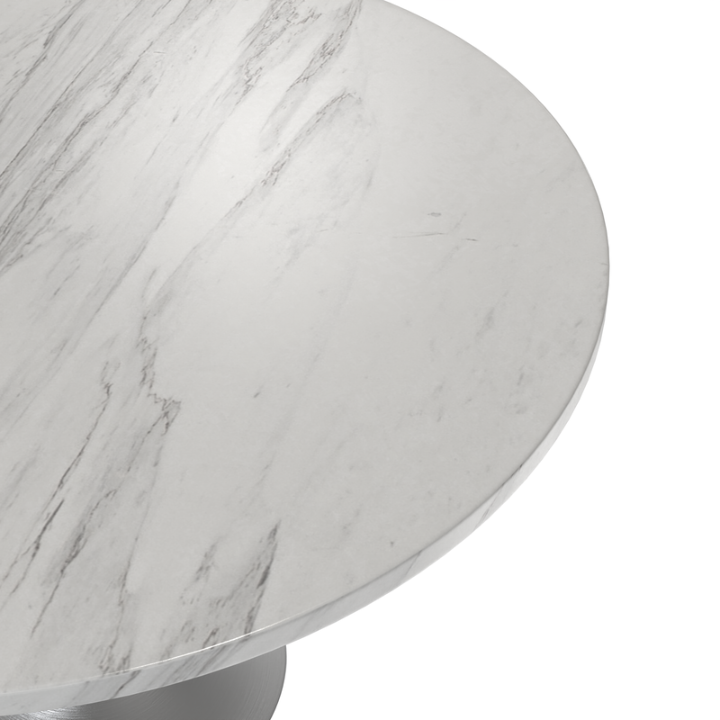 LeisureMod Verve Collection 48 Round Dining Table, Brushed Chrome Base with Sintered Stone White Top Closeup.