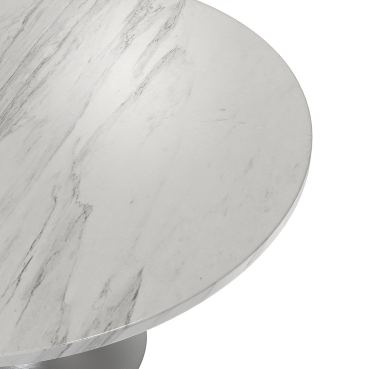 LeisureMod Verve Collection 48 Round Dining Table, Brushed Chrome Base with Sintered Stone White Top Closeup.