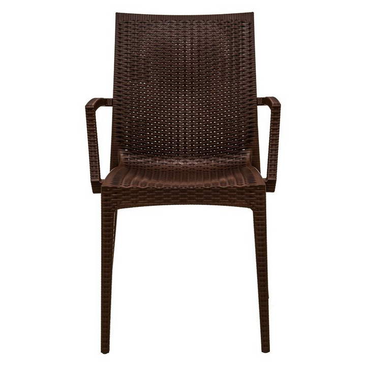 LeisureMod Weave Mace Indoor/Outdoor Chair (With Arms) Brown Front View.