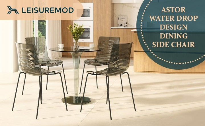 Dining set with 'Astor Water Drop Design Dining Side Chair' by LeisureMod in a modern interior setting.