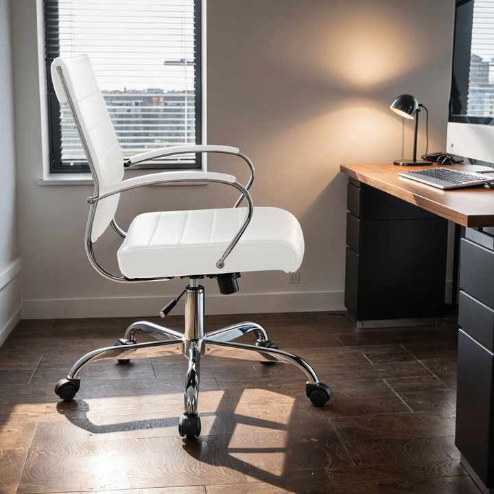 LeisureMod Benmar Leather Office Chair White in Room.