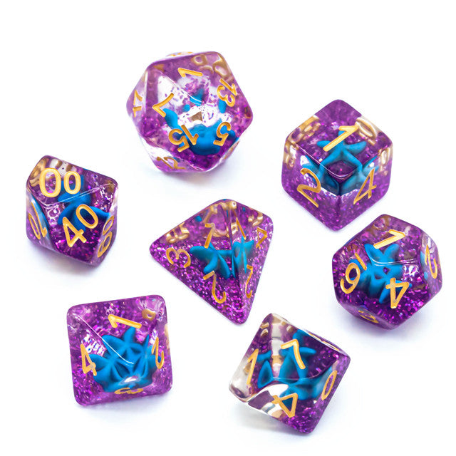 Purple w/Blue Starfish Dice 7-Dice Set Resin Dungeons and Dragons Dice