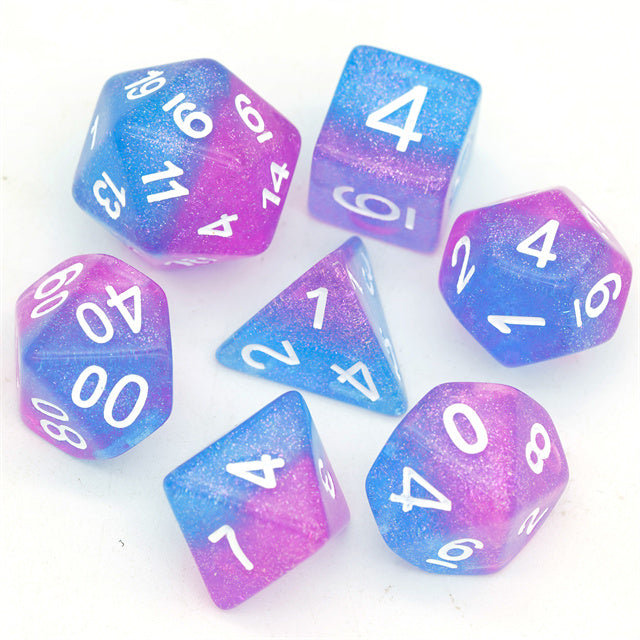 Purple Blue Two Tone 7-Dice Dnd Dice | Glitter w/White Numbers Set