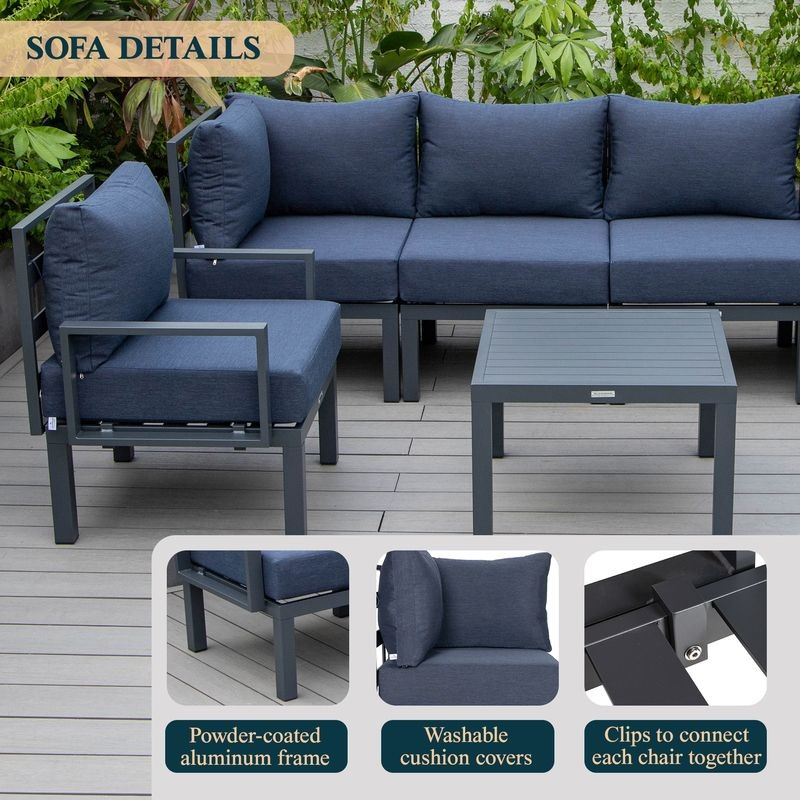 LeisureMod Chelsea 7-Piece Patio Sectional and Coffee Table Set Black Aluminum with Cushions Blue Information.