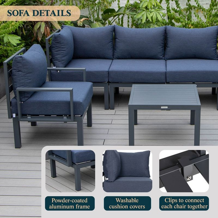 LeisureMod Chelsea 7-Piece Patio Sectional and Coffee Table Set Black Aluminum with Cushions Blue Information.