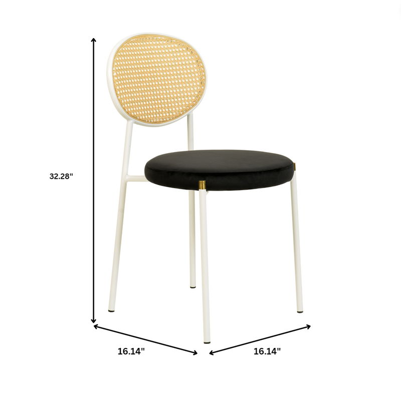 Chair with wicker backrest and black seat, shown with dimensions on a white background.