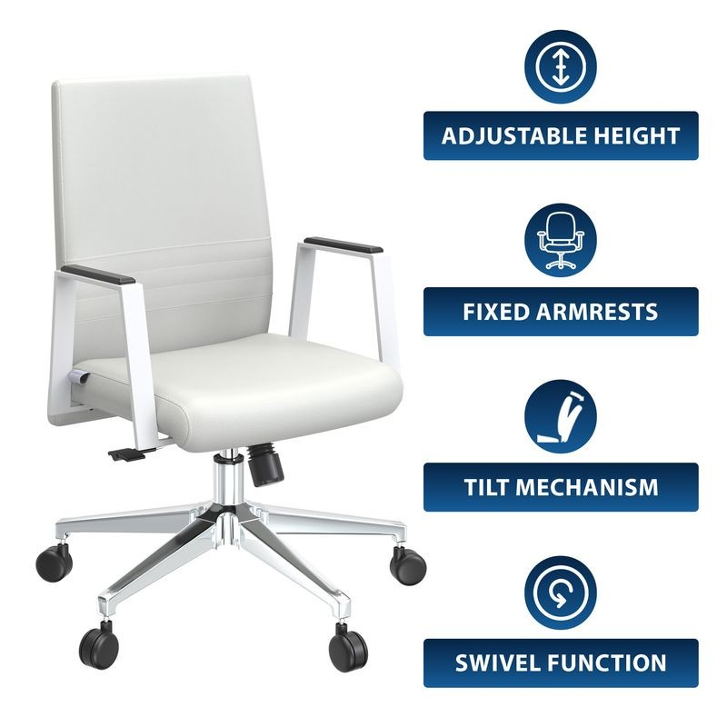White office chair with features labeled on a white background.