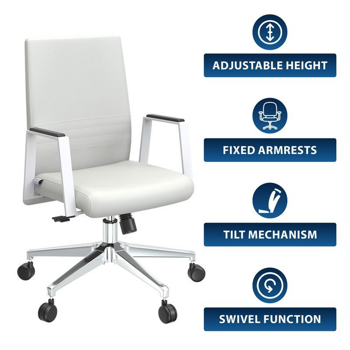 White office chair with features labeled on a white background.