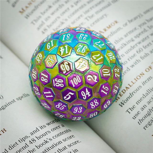 Rainbow Metal Single 100 Sided Polyhedral Dice (D100) | w/ White Color (45mm)