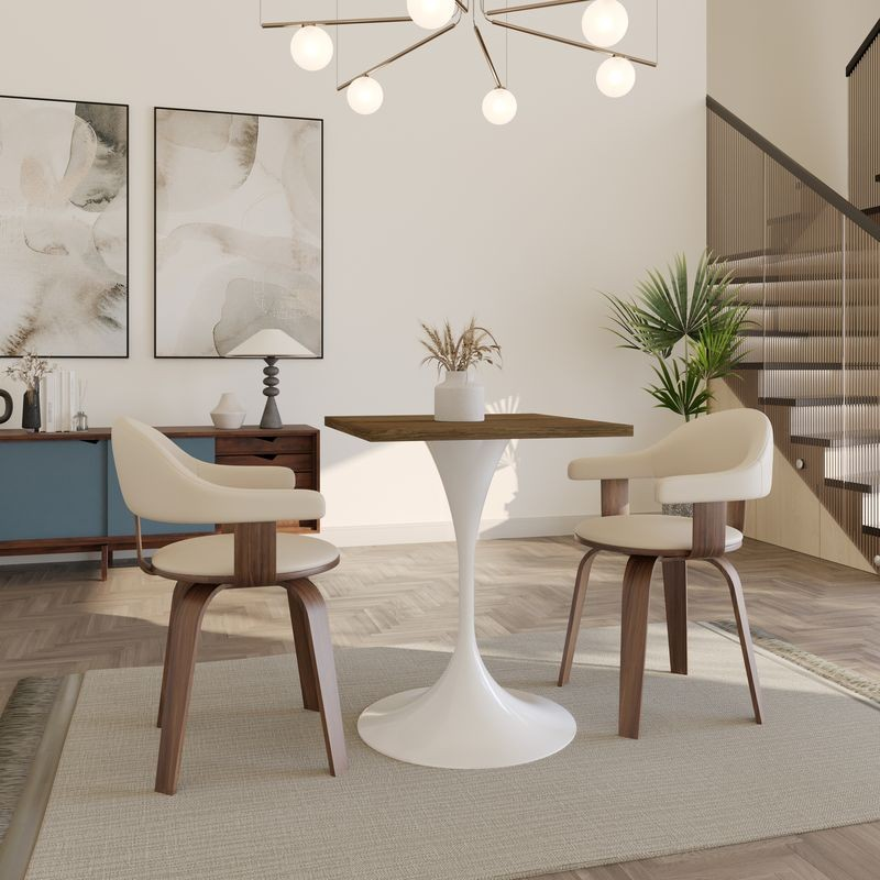 LeisureMod Verve Collection 24 Square Dining Table, White Base with Dark Maple MDF Top in Room.