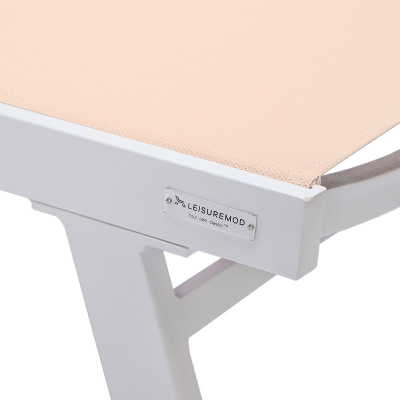 LeisureMod Marlin Patio Chaise Lounge Chair with Armrests in White Aluminum Frame Light Brown Closeup.