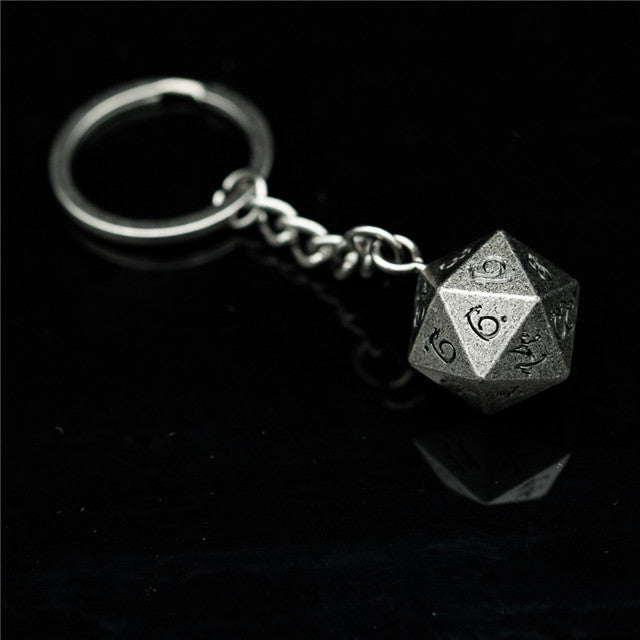 Nickel D20 Keychain Featuring Metal Dragon Font d20