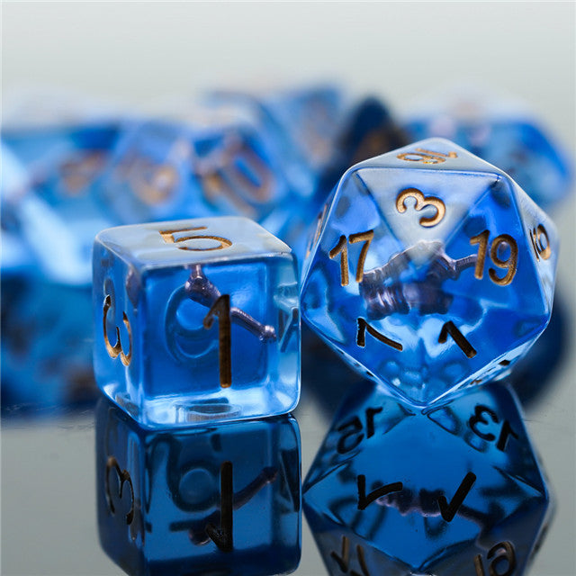 Wizard (Magic Wand) Clear Blue Dice w/ Golden Wand 7-Dice Set Rpg