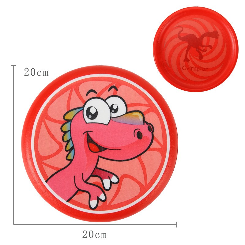 Red frisbee with cartoon dinosaur design and measurement details on a white background.