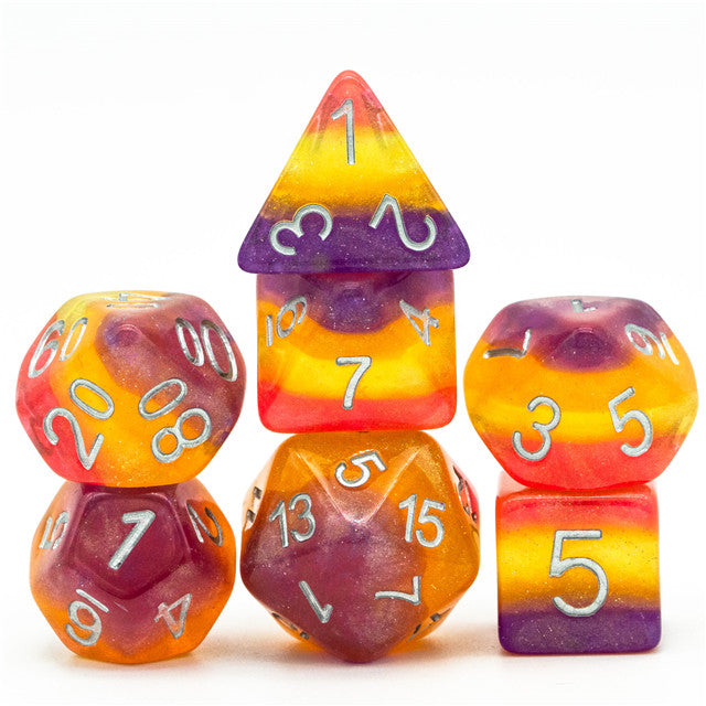 Orange Yellow Purple Glitter Layer 7-Dice Set w/Silver Numbers