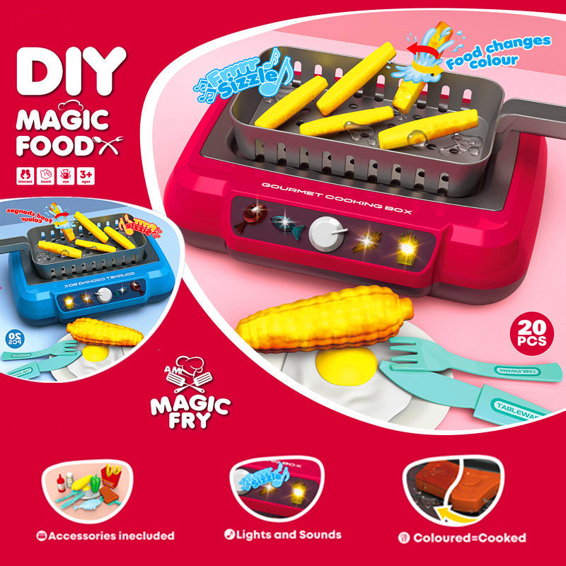 Toy cooking set with DIY Magic Food branding on a red background