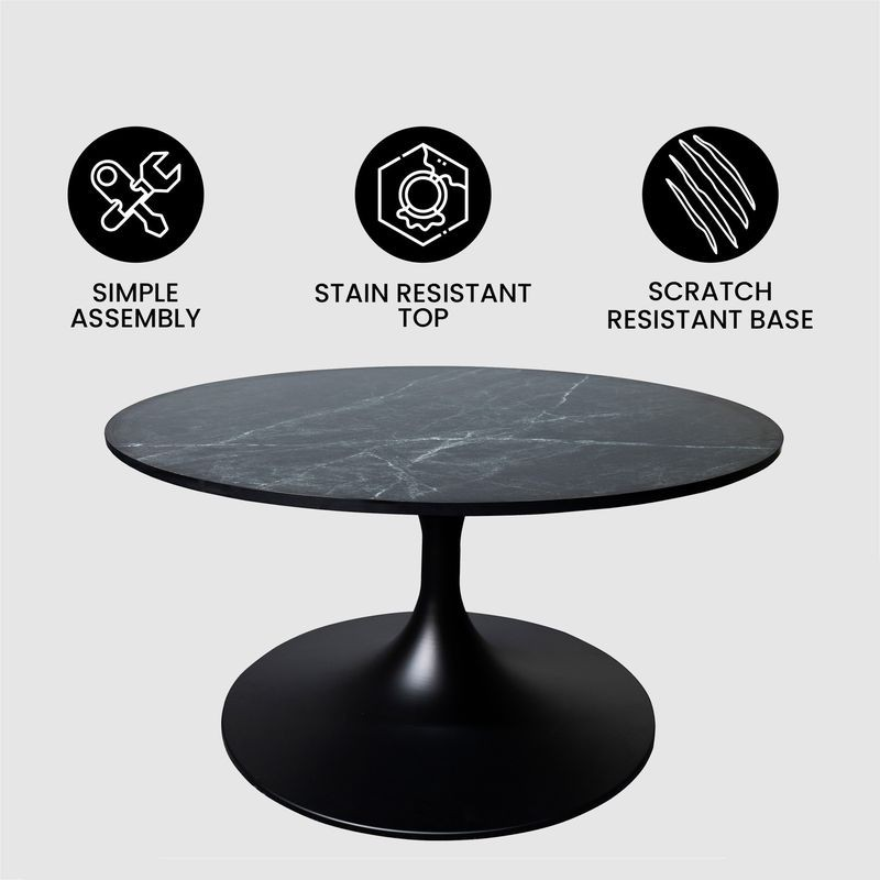 LeisureMod Verve Coffee Table Black base with 27" round Black Marble MDF Top Details.