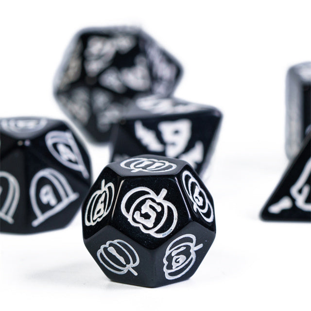 Halloween Black w/White | Pumpkin/Ghost/Bat/Cauldron 7-Dice Set DND