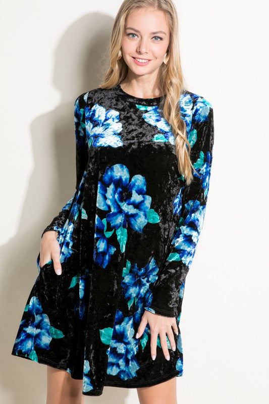 Floral Print Velvet Swing Mini Dress