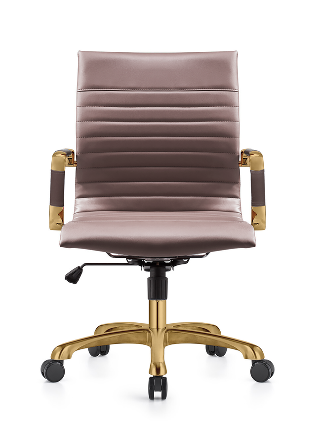 LeisureMod Harris Office Chair with Gold Frame Dark Brown Front View.