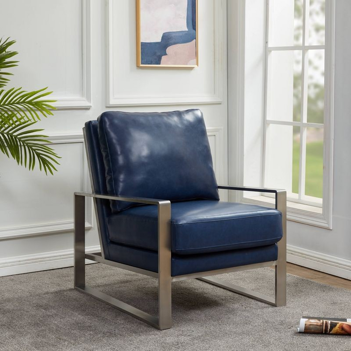 LeisureMod Jefferson Faux Leather Modern Design Accent Armchair with Elegant Silver Frame Navy Blue with Background.