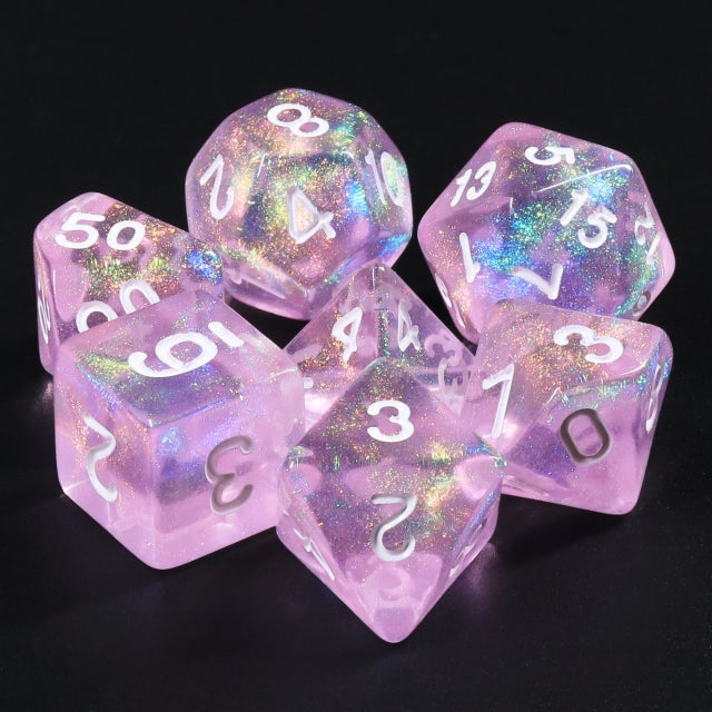 Candy Luxury (formerly Barbie Pink) Glitter with White Numbering 7-Dice Set RPG