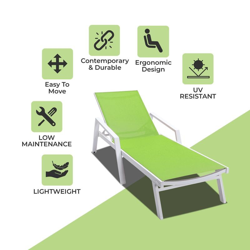 LeisureMod Marlin Patio Chaise Lounge Chair with Armrests in White Aluminum Frame Green Description.