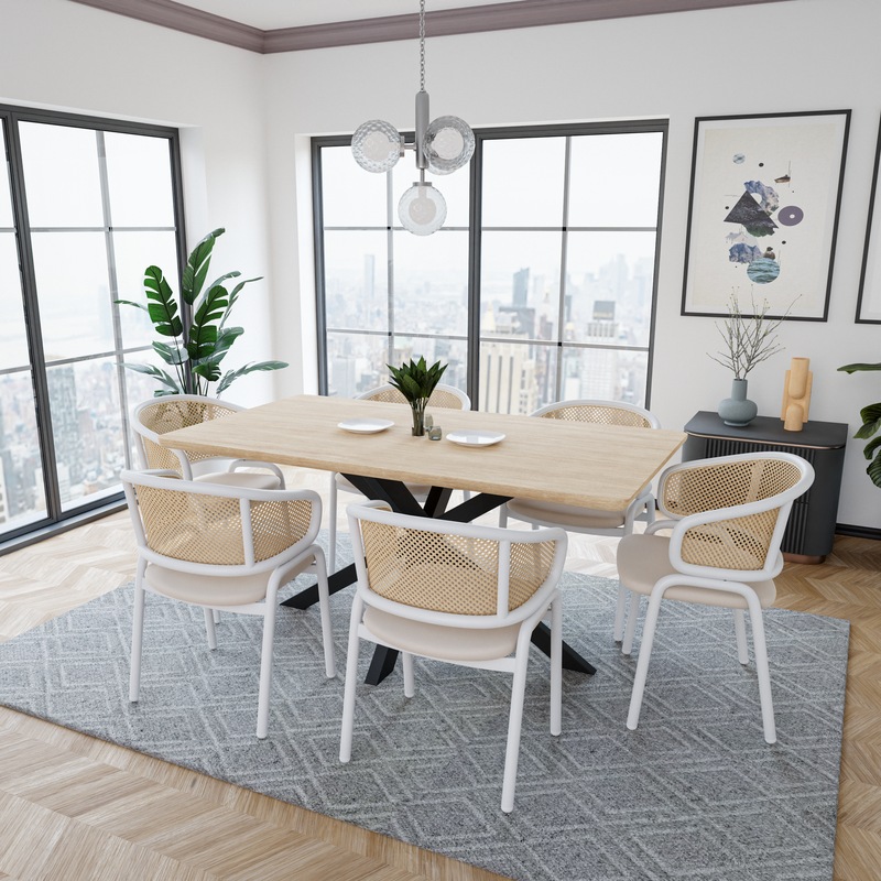 Leisuremod Ervilla Modern Dining Chair with White Powder Coated Steel Legs and Wicker Back Beigei in Dining Room.