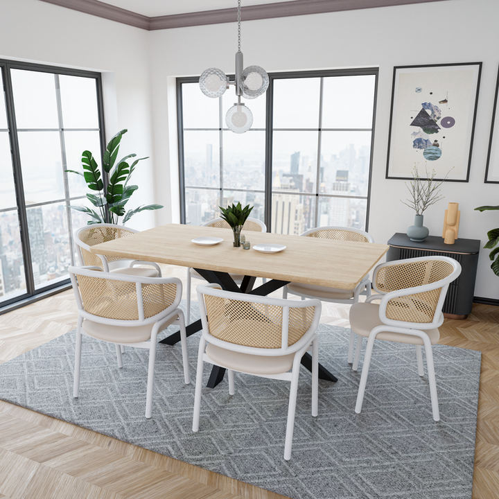 Leisuremod Ervilla Modern Dining Chair with White Powder Coated Steel Legs and Wicker Back Beigei in Dining Room.