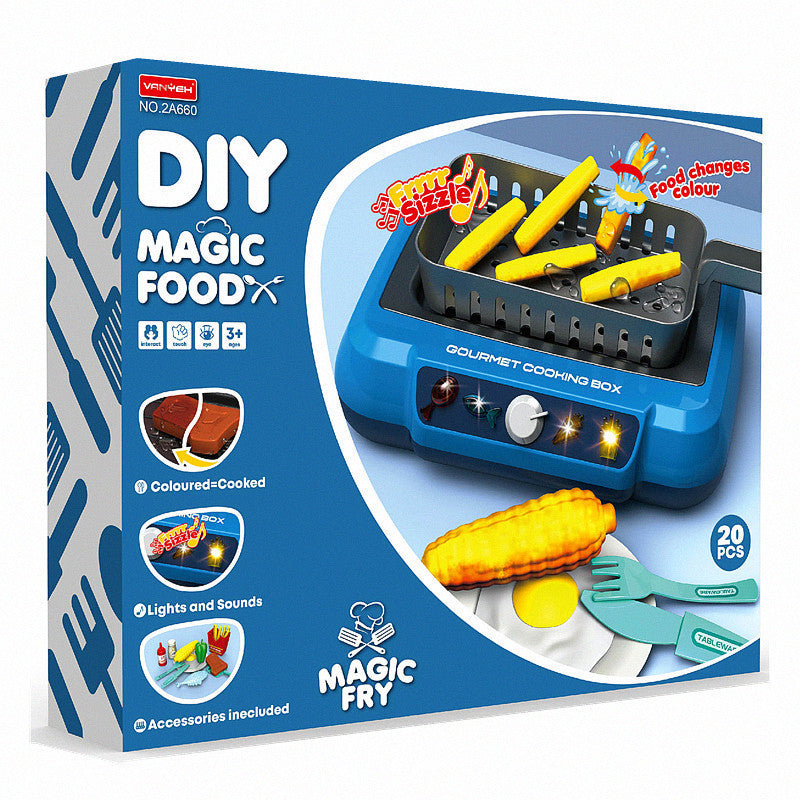 Box of DIY Magic Food Gourmet Cooking Box with toy food and accessories on a white background.
