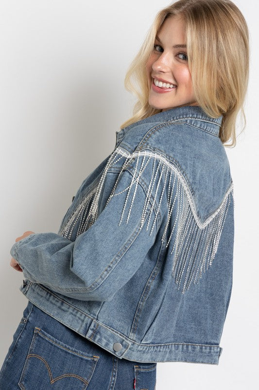 Crop Denim Jacket with Rhinestone Fringe