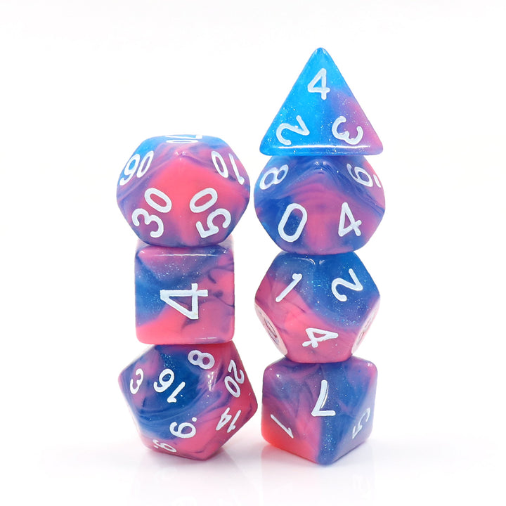 Miami Vice Blue/Pink Glitter/Swirl  7-Dice Set by HendgaDice