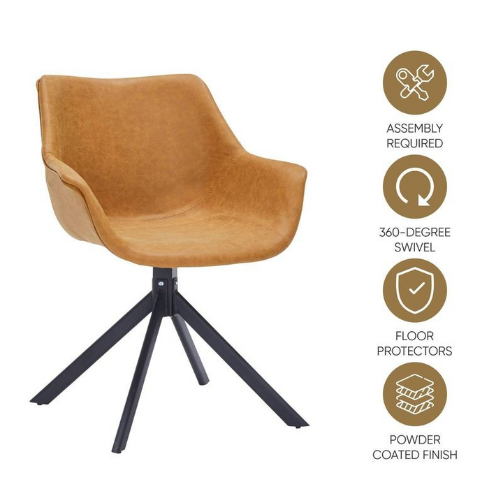 Brown swivel chair with assembly, swivel, floor protector, and powder coat finish icons on a white background.