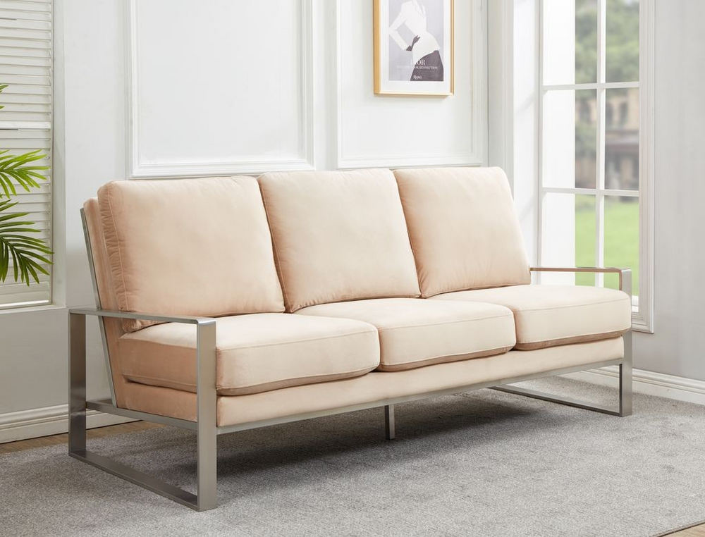 LeisureMod Jefferson Contemporary Modern Design Velvet Sofa with Silver Frame Beige with Background.