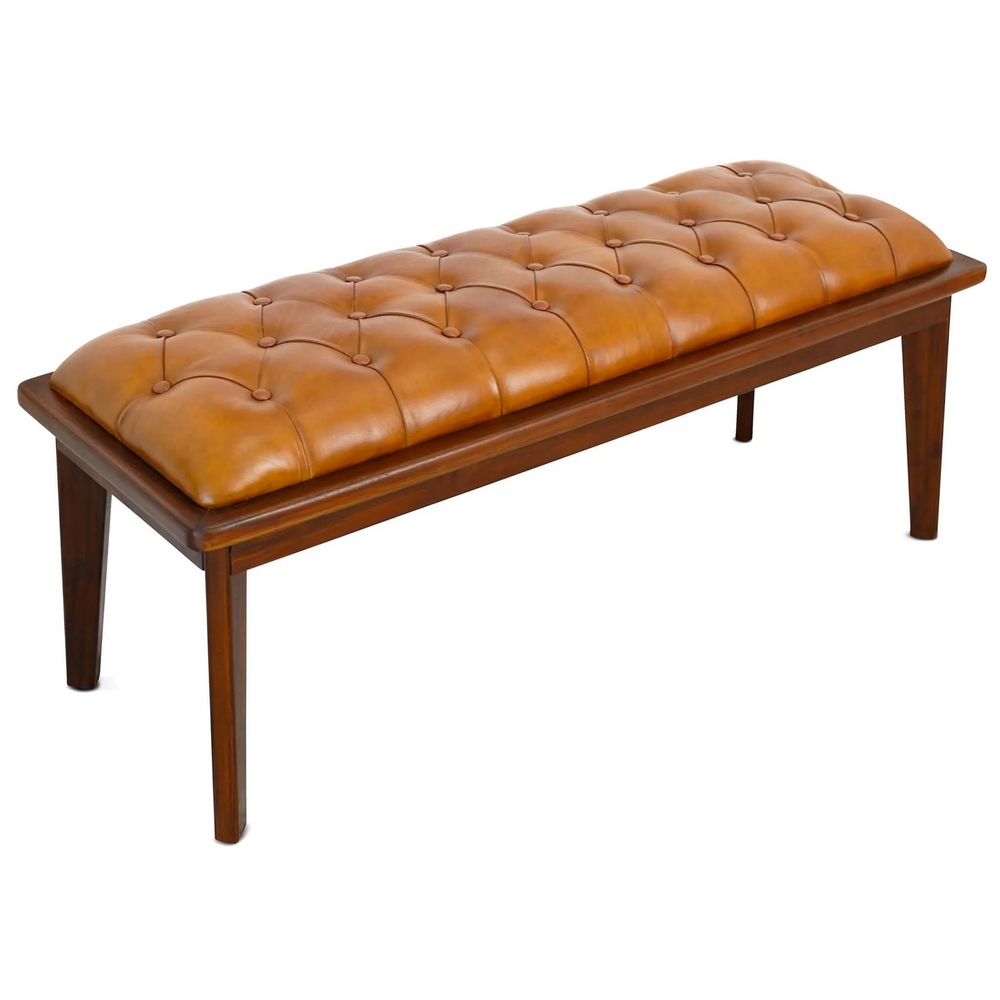 Arden Tan Leather Bench with Buttons Photo.