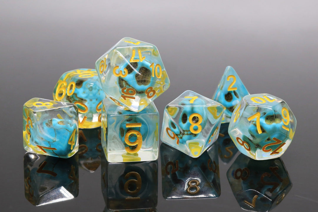 Turquoise Treasure Skull Dice Blue/Yellow Halloween Resin 7-Dice