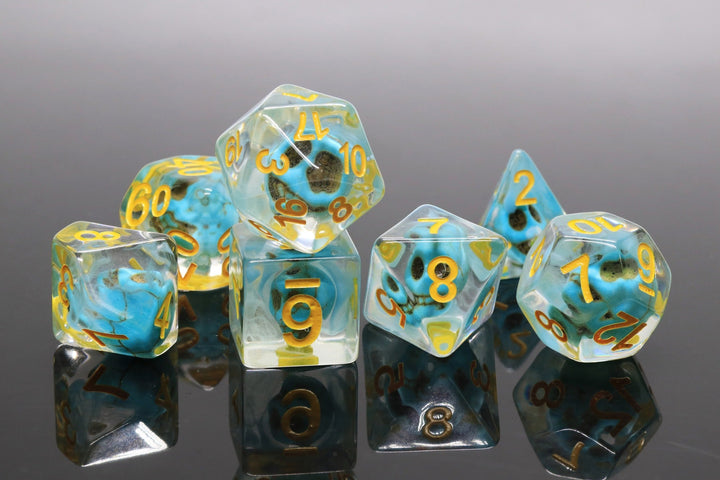Turquoise Treasure Skull Dice Blue/Yellow Halloween Resin 7-Dice