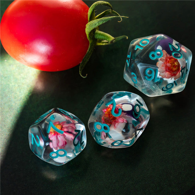 Purple Mushroom Dice Clear Pink Flower w/Teal Numbers 7-Dice Set Rpg