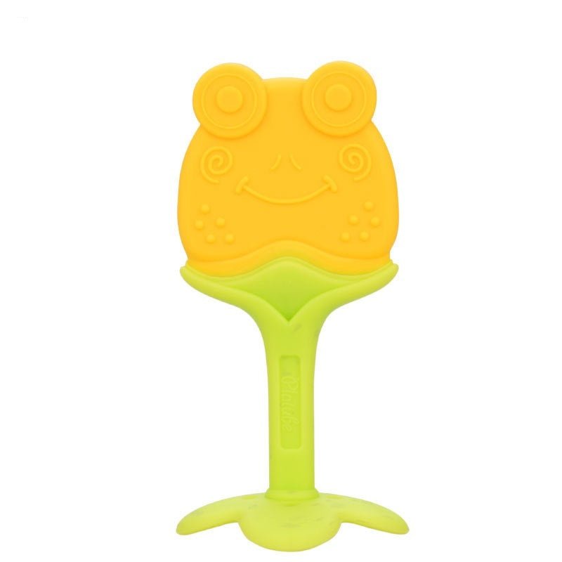 Yellow and green frog-shaped teething toy on a white background.